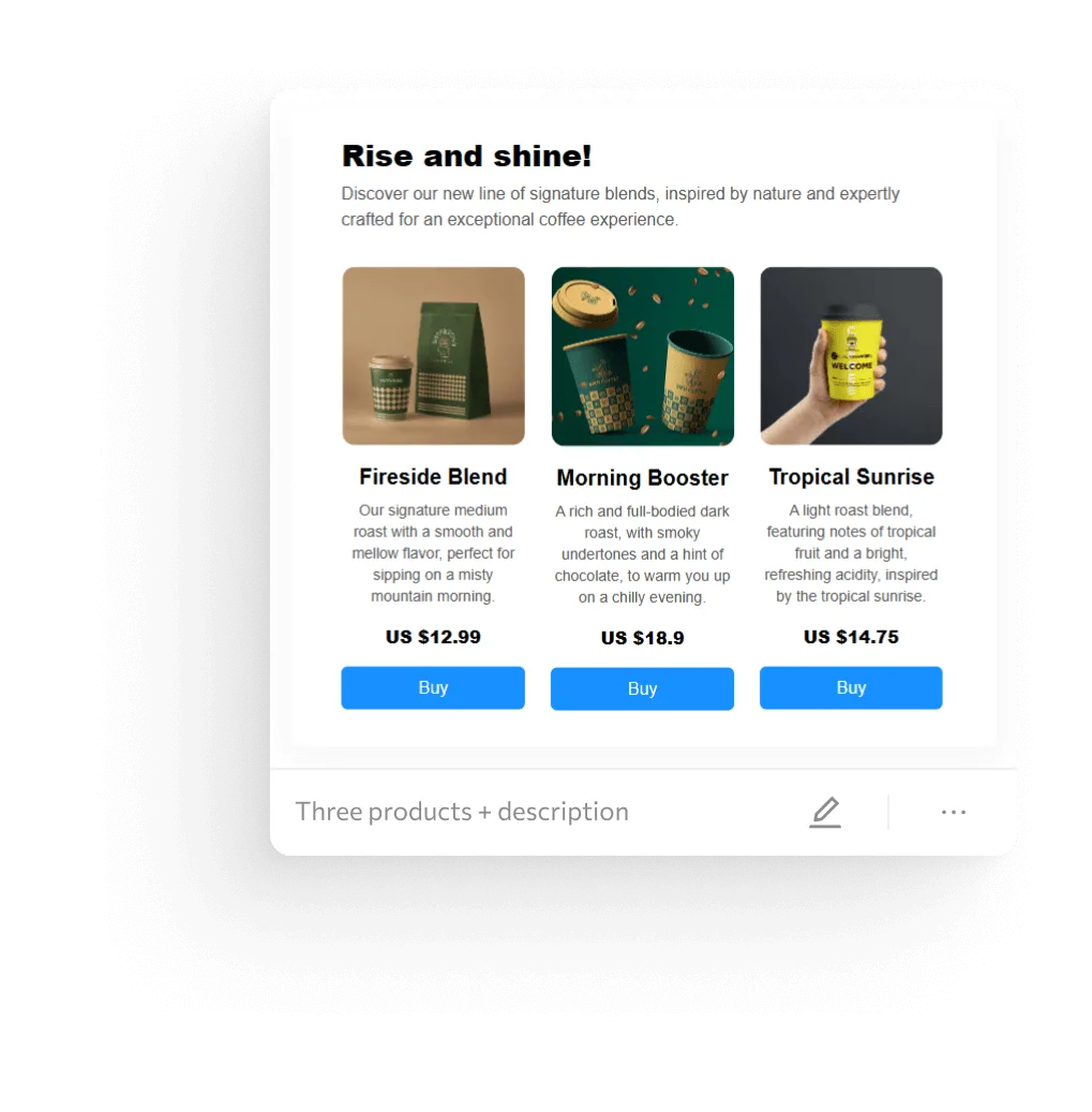 A newsletter block: three products with descriptions and prices