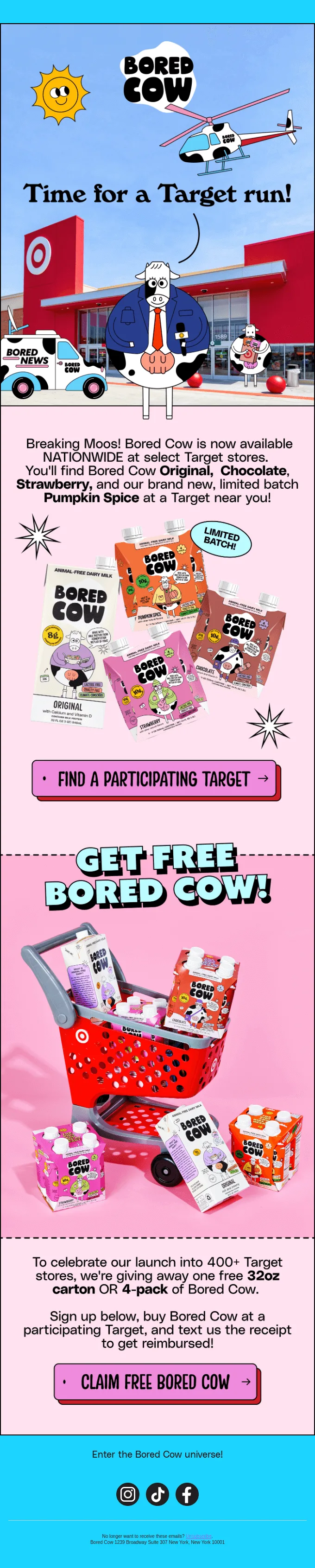 Retention-E-Mail von Bored Cow mit der Ankündigung, dass die Produkte der Marke landesweit im Handel erhältlich sind