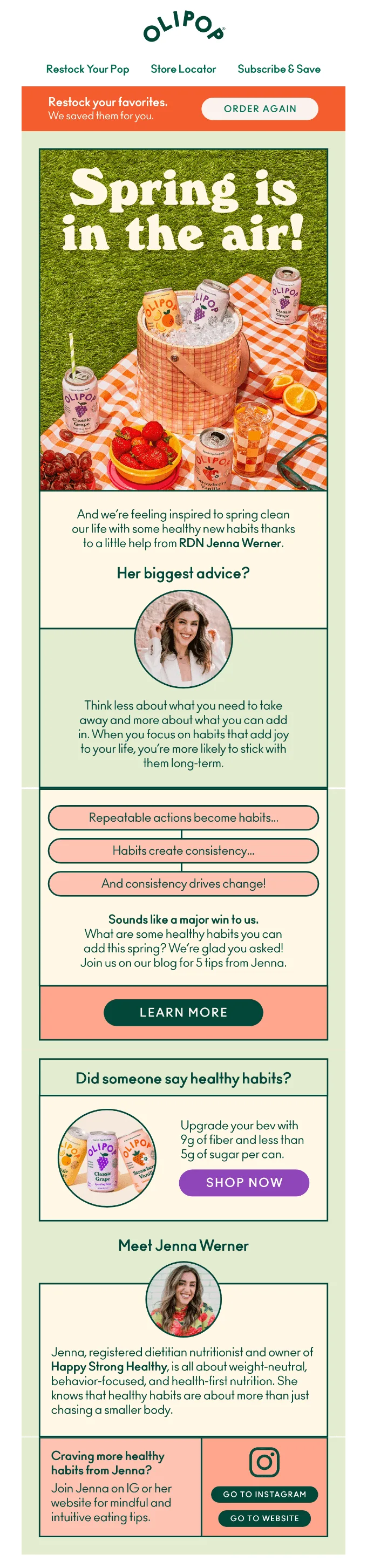 Newsletter de primavera da OLIPOP com dicas de uma nutricionista.