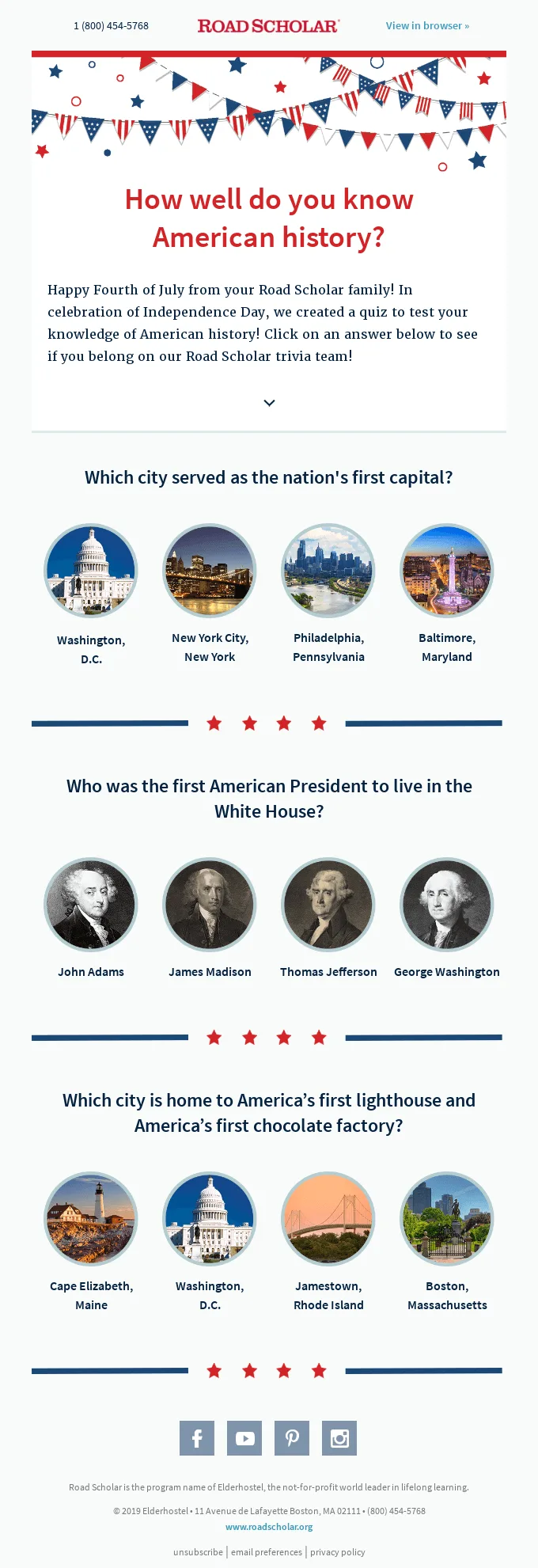 E-Mail von Road Scholar zum 4. Juli mit einem Quiz zur amerikanischen Geschichte