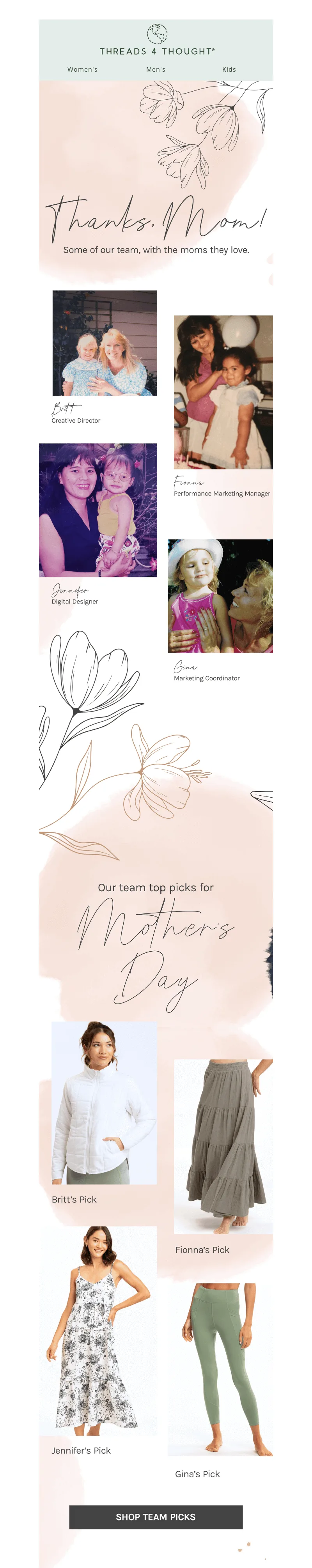 Mother's Day email featuring photos of the team with their moms by Threads 4 Thought