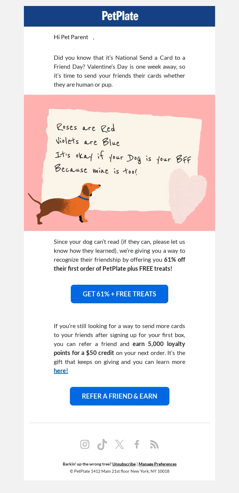 E-Mail von PetPlate zum Valentinstag mit einer Botschaft an Tiereltern.