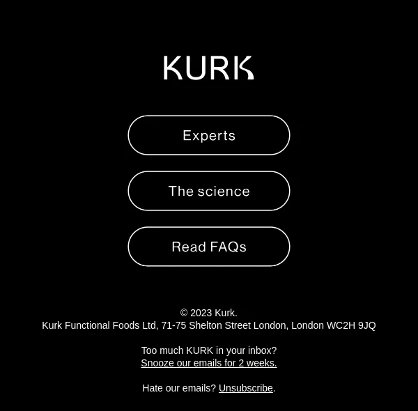 Email footer example by Kurk with a small menu composed of 3 CTA buttons