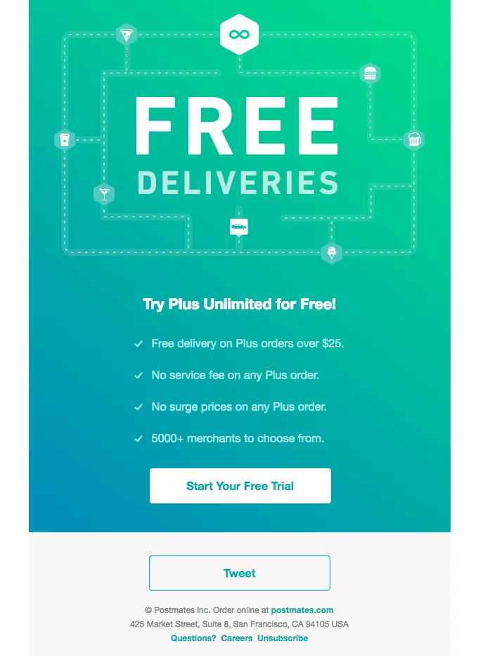 Upsell email by Postmates announcing free deliveries