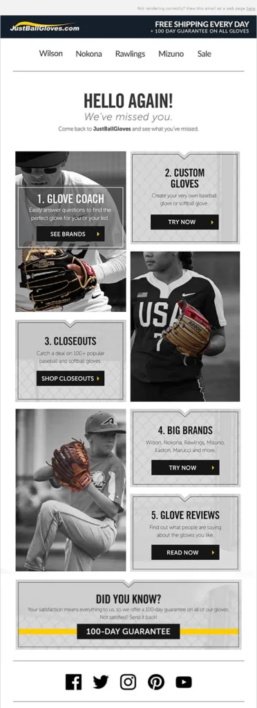 Ejemplo de email «Te echamos de menos» de JustBallGloves que muestra varias opciones y ofertas de sus productos.