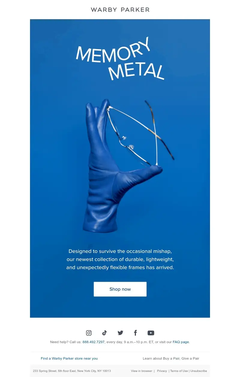 Animated email by Warby Parker that showcases the new Memory Metal technology for eyewear.