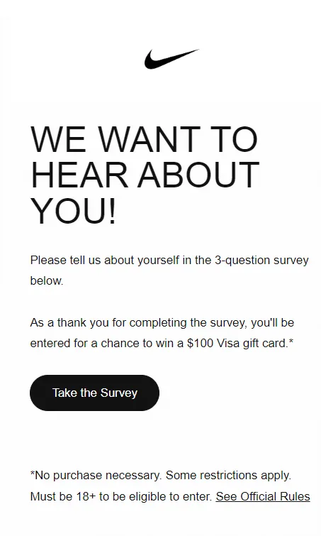 Survey email with an additional bonus by Nike
