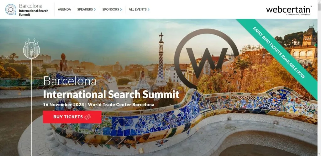 Landing page of an SEO conference 2023: Barcelona International Search Summit