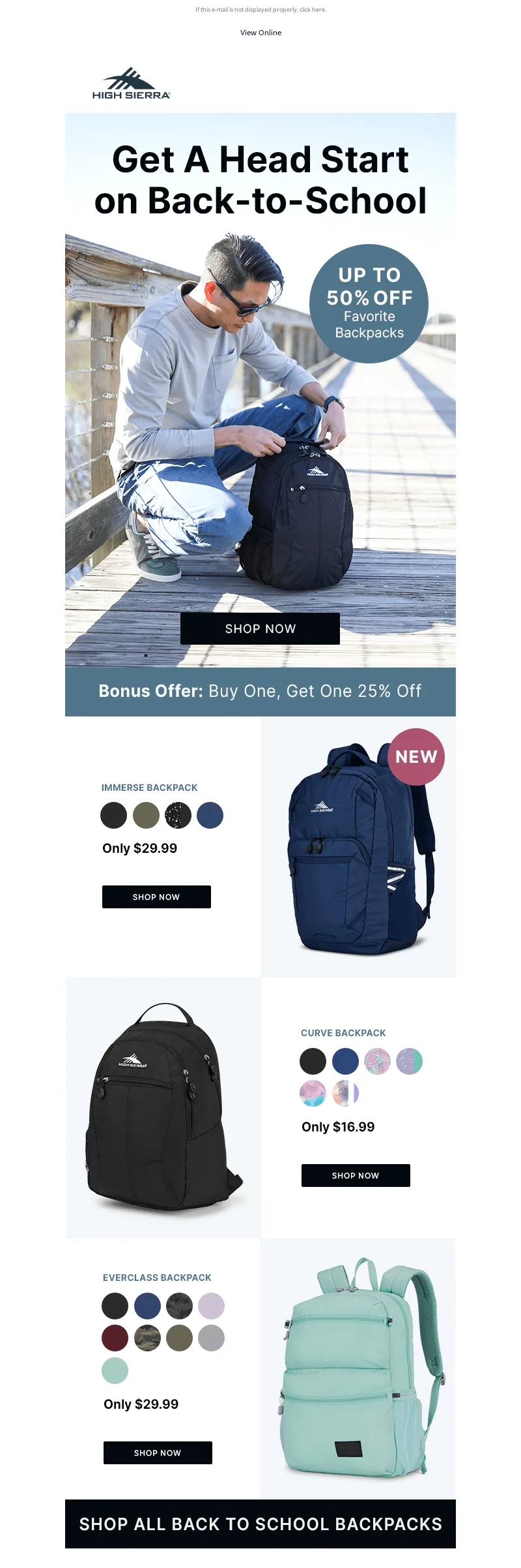 Email by High Sierra that includes special back-to-school deals