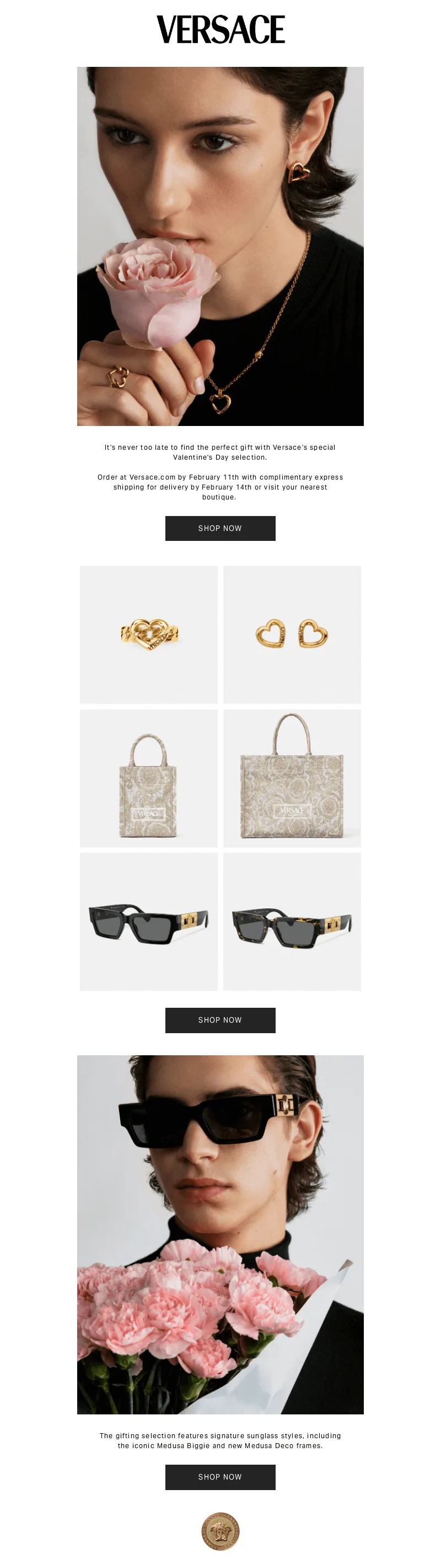 E-Mail von Versace zum Valentinstag mit mehreren Geschenkideen.