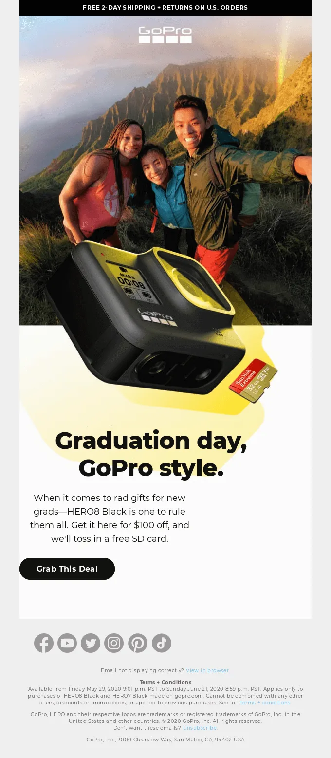 E-mail da GoPro para a formatura, com uma oferta temática.