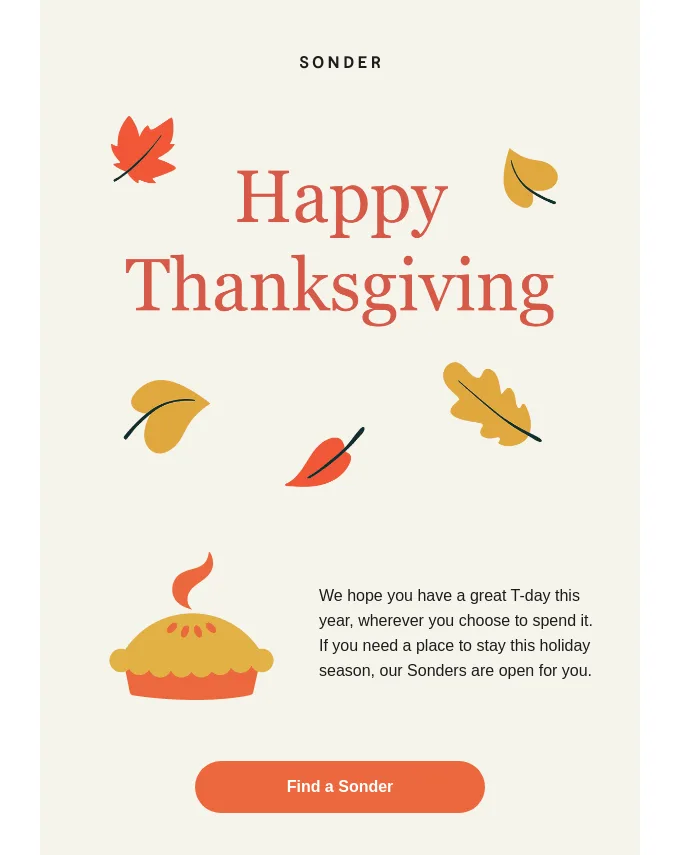 Email di Sonder che nelle immagini unisce i temi autunnali al Thanksgiving Day.