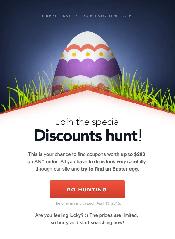 Invitación a la Discounts Hunt en un email de PSD2HTML