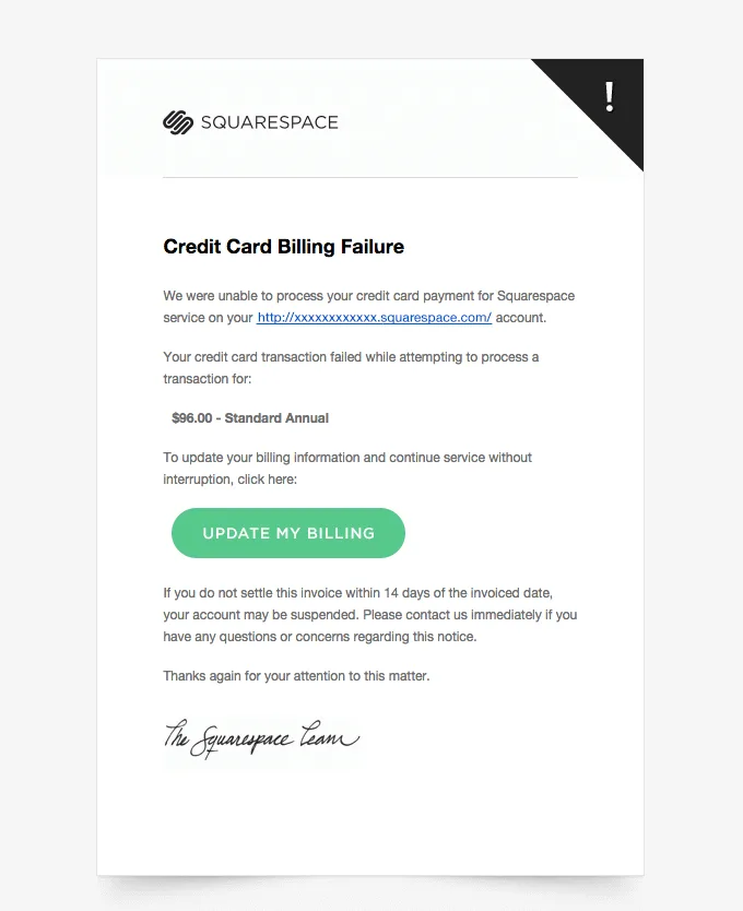 Invoice email example by Squarespace that asks the client to update billing information.