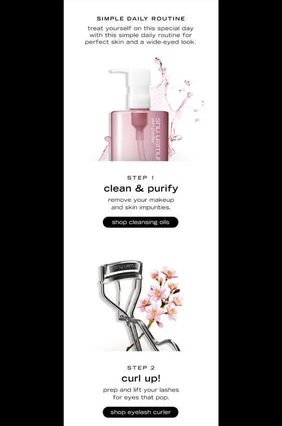 Email template with the text: Happy international women's day! Simple day routine: treat yourself on this special day