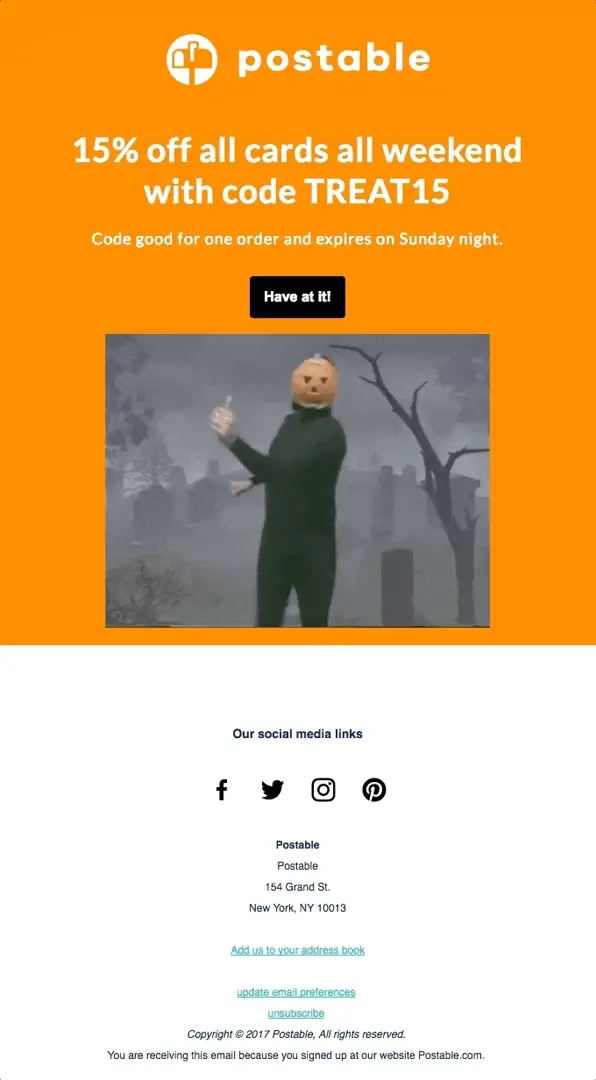 Newsletter di Halloween di Postable con uno spezzone animato del video virale Pumpkin Dance