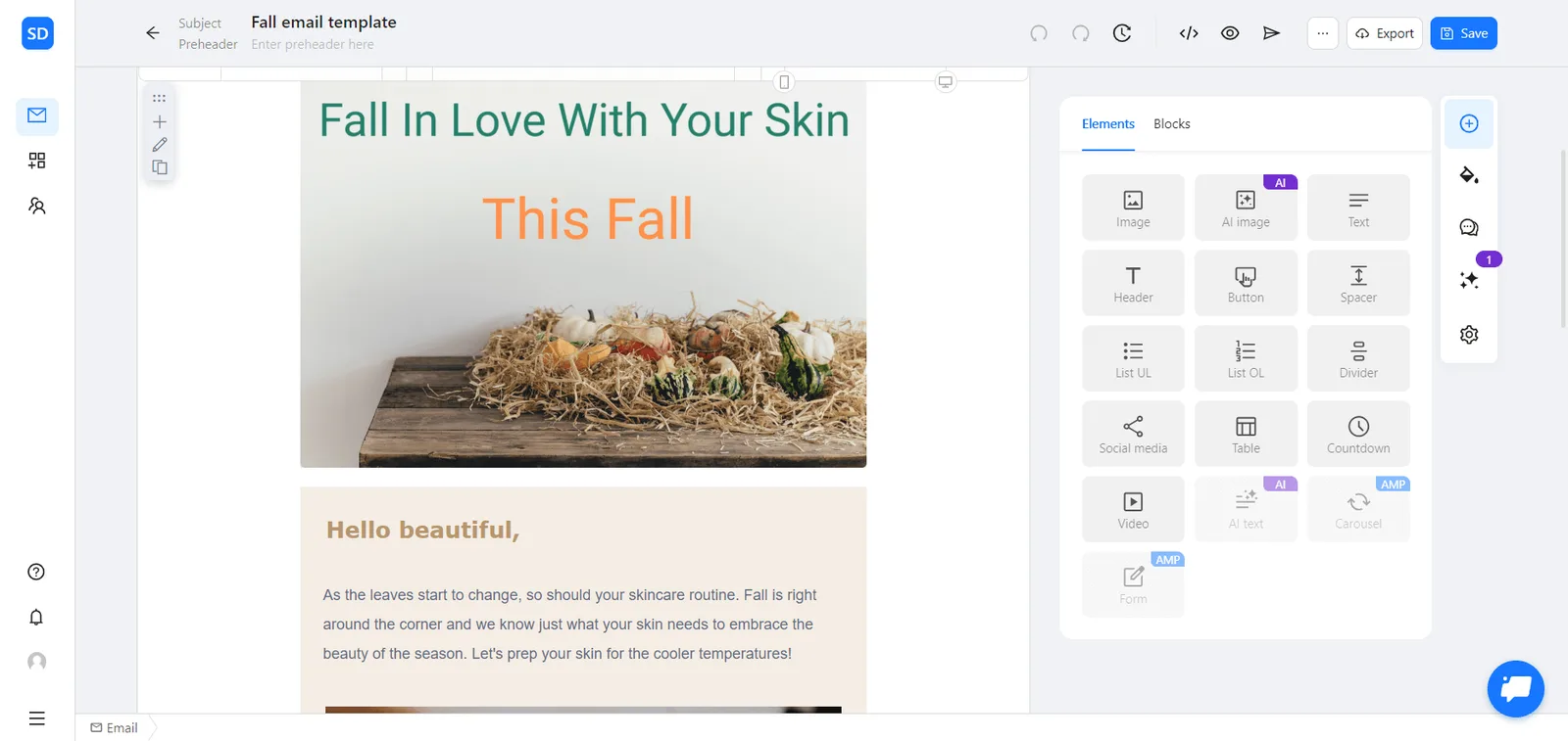 Modello di newsletter autunnale creato con Blocks