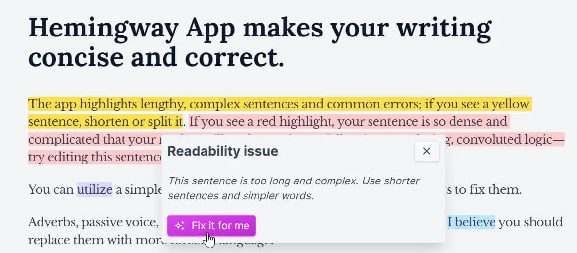 Hemingway App suggests using AI to improve the text