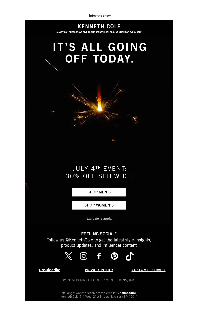 E-Mail von Kenneth Cole zum 4. Juli, die den Feiertags-Sale ankündigt