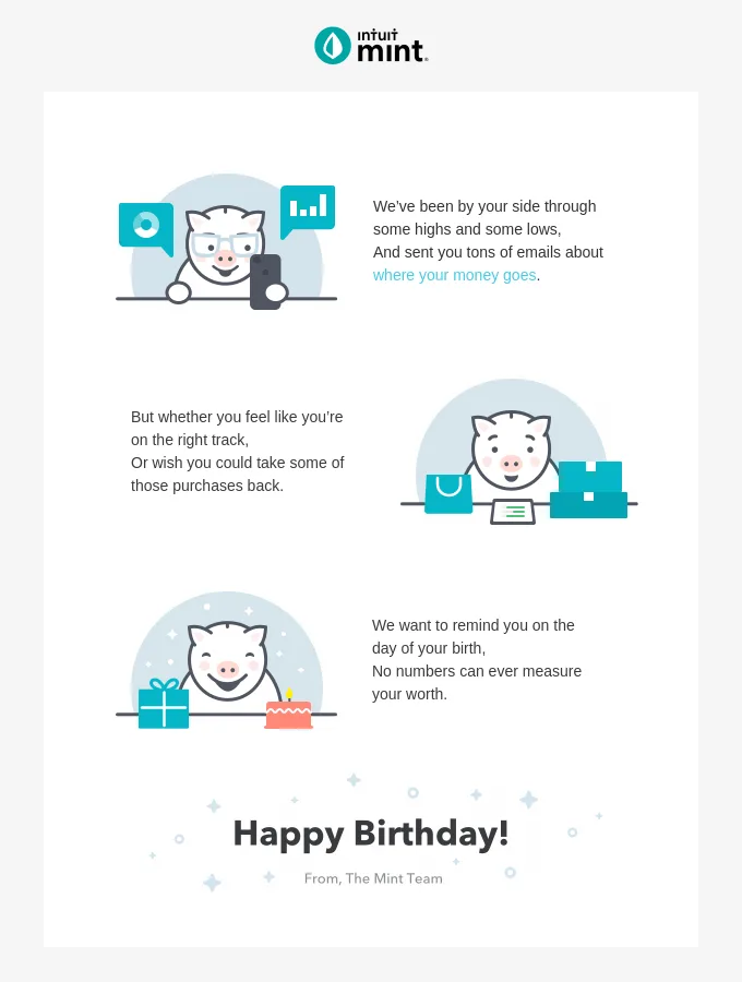 Geburtstags-E-Mail von Mint mit einem berührenden Gedicht für den Abonnenten.