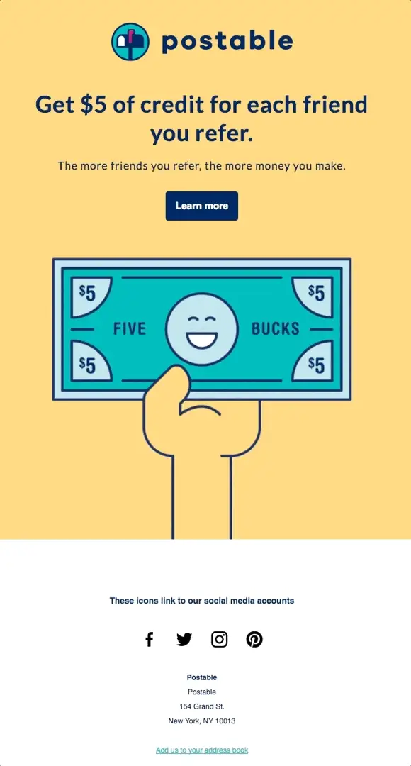 Animated email by Postable that shows a GIF of a hand holding a 5-dollar bill.