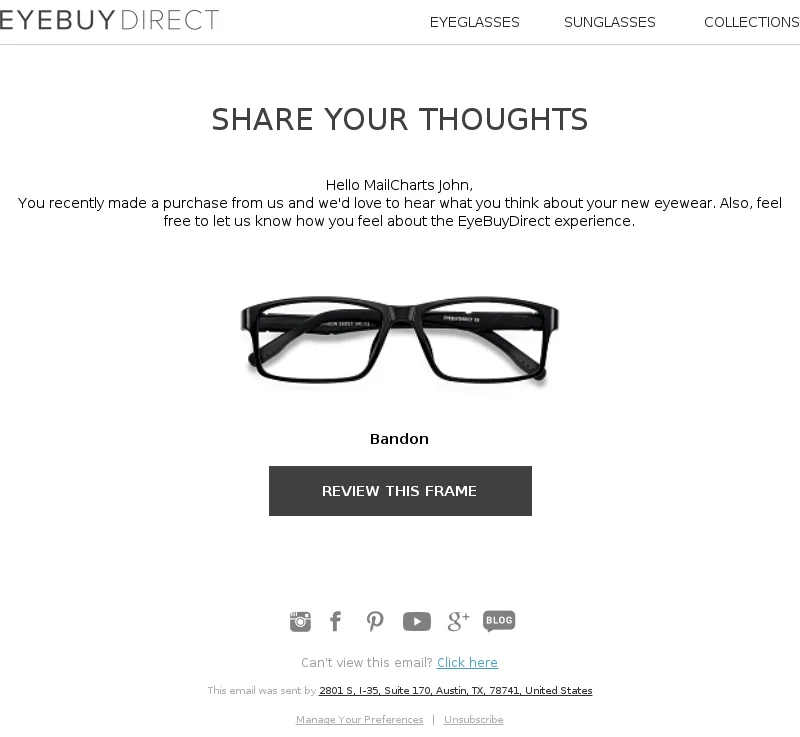 Survey email asking to leave a review by EyeBuyDirect