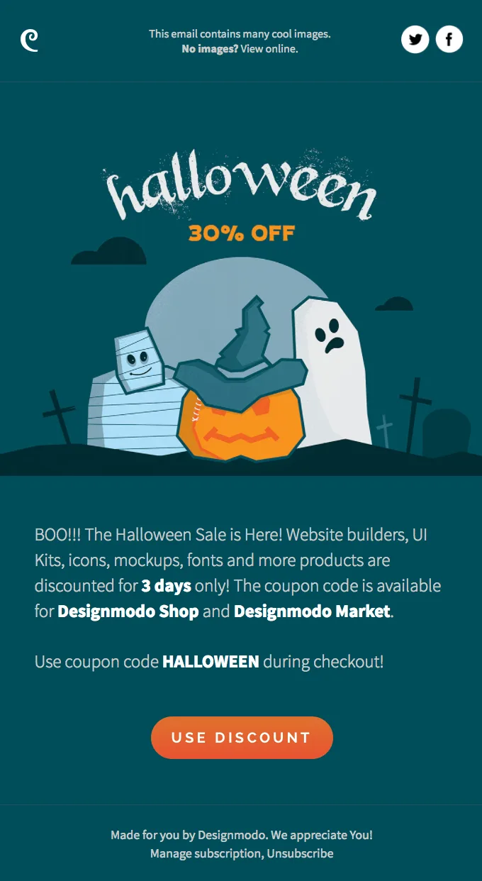 Newsletter di Halloween di DesignModo con elementi a tema come una zucca, un fantasma e una mummia