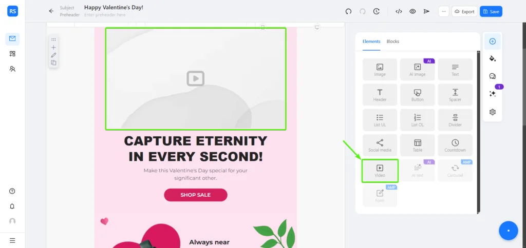 Interface do Blocks com o elemento Vídeo no ambiente de trabalho.