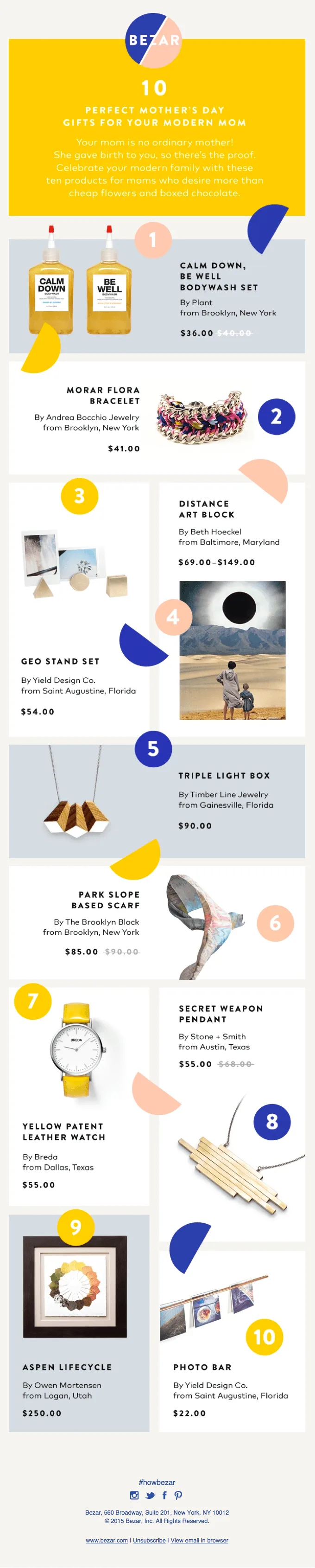 Example of a Mother's Day email with a gift guide by Bezar