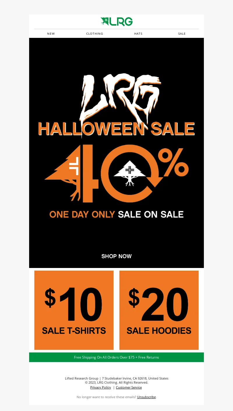 Newsletter di Halloween di Lifted Research Group con saldi validi per un solo giorno
