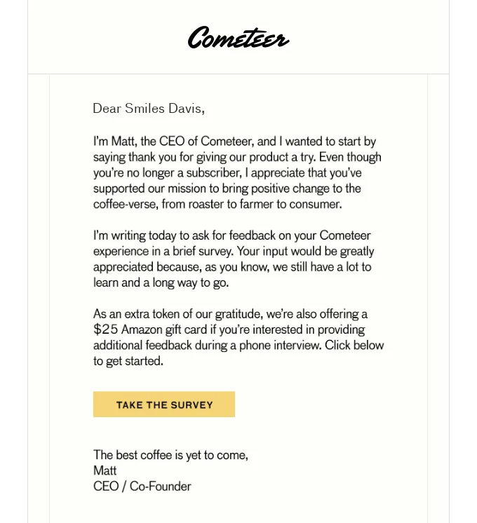 Survey email written by CEO of Cometeer