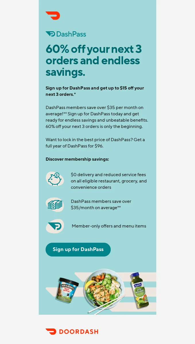 Upsell email example by DoorDash describing customers' savings