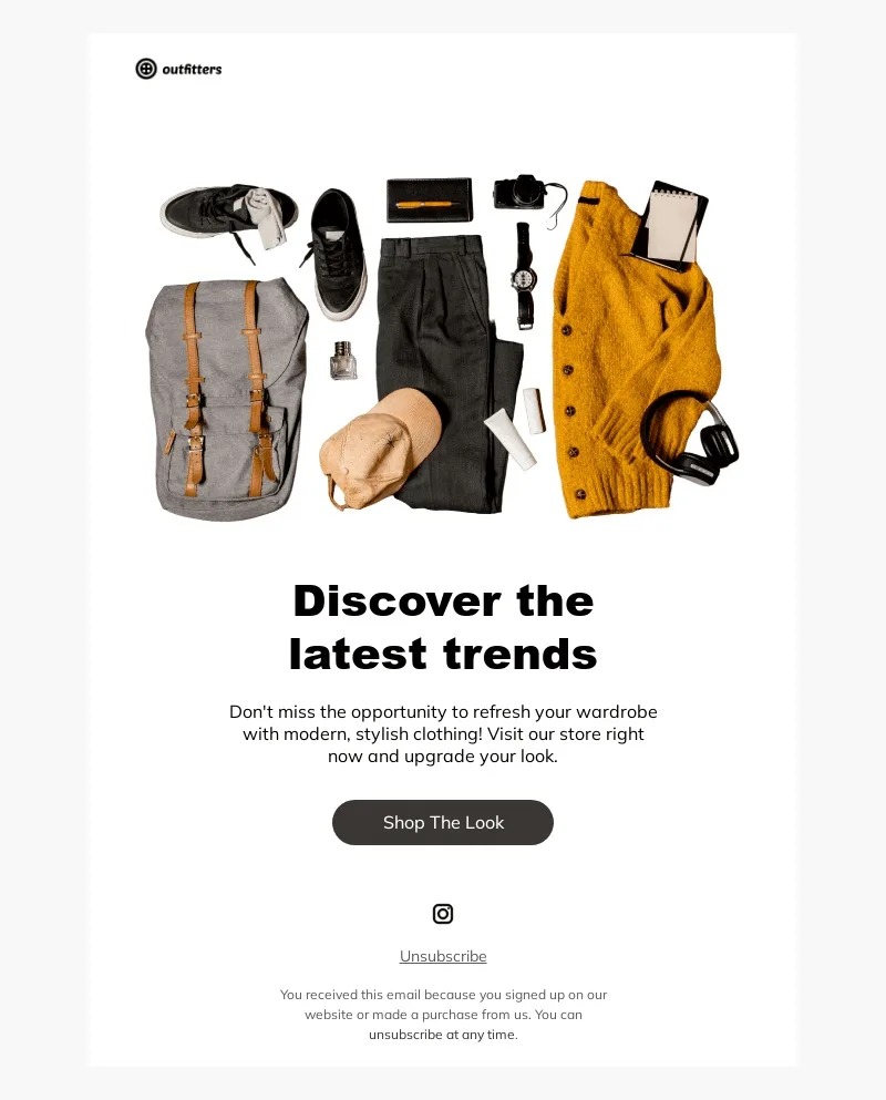 Modelo de e-mail pronto sobre as últimas tendências da moda, em estilo minimalista.