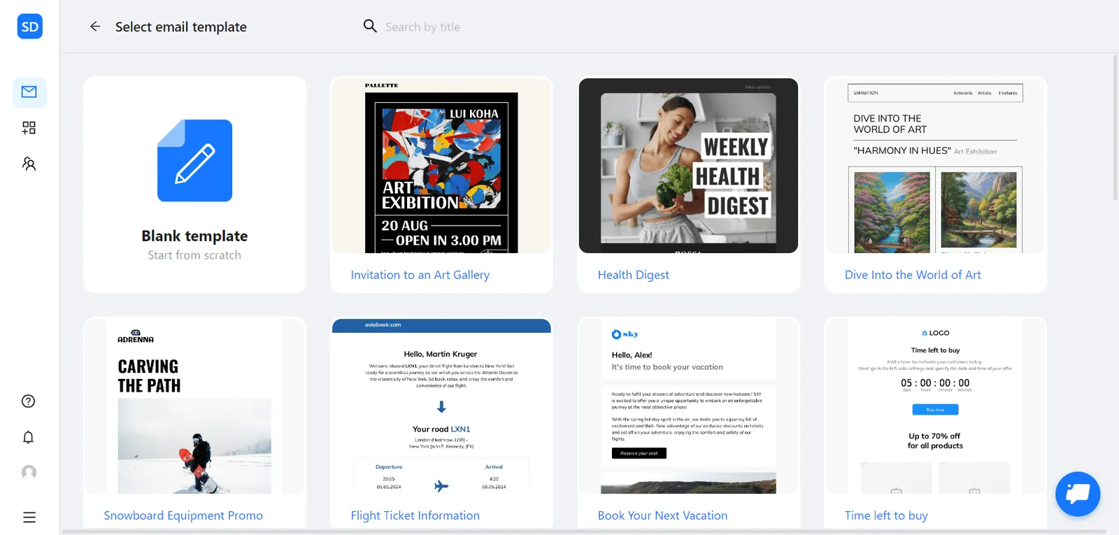 Email template select screen in Blocks