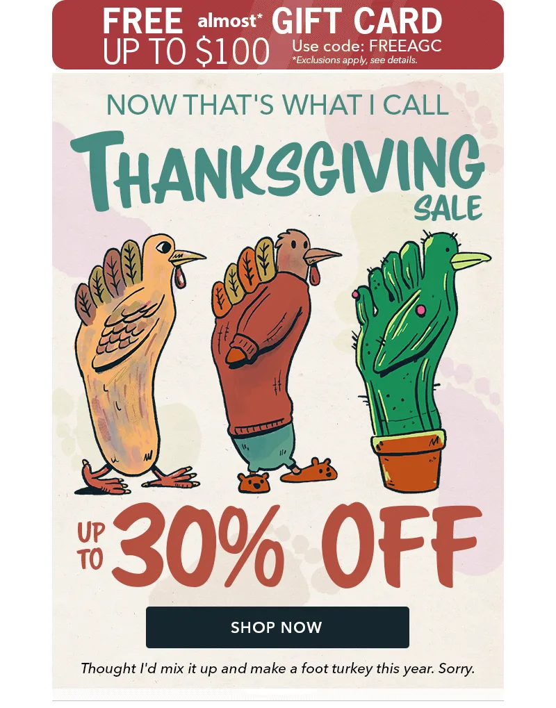 Email temático de Acción de Gracias de Moosejaw con ilustraciones divertidas y chistes