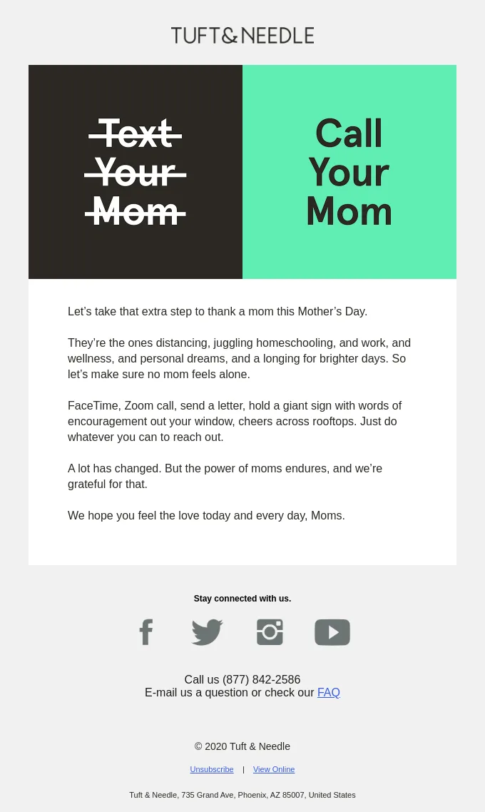 Mother's Day email with a remainder to call your mom by Tuft & Needle
