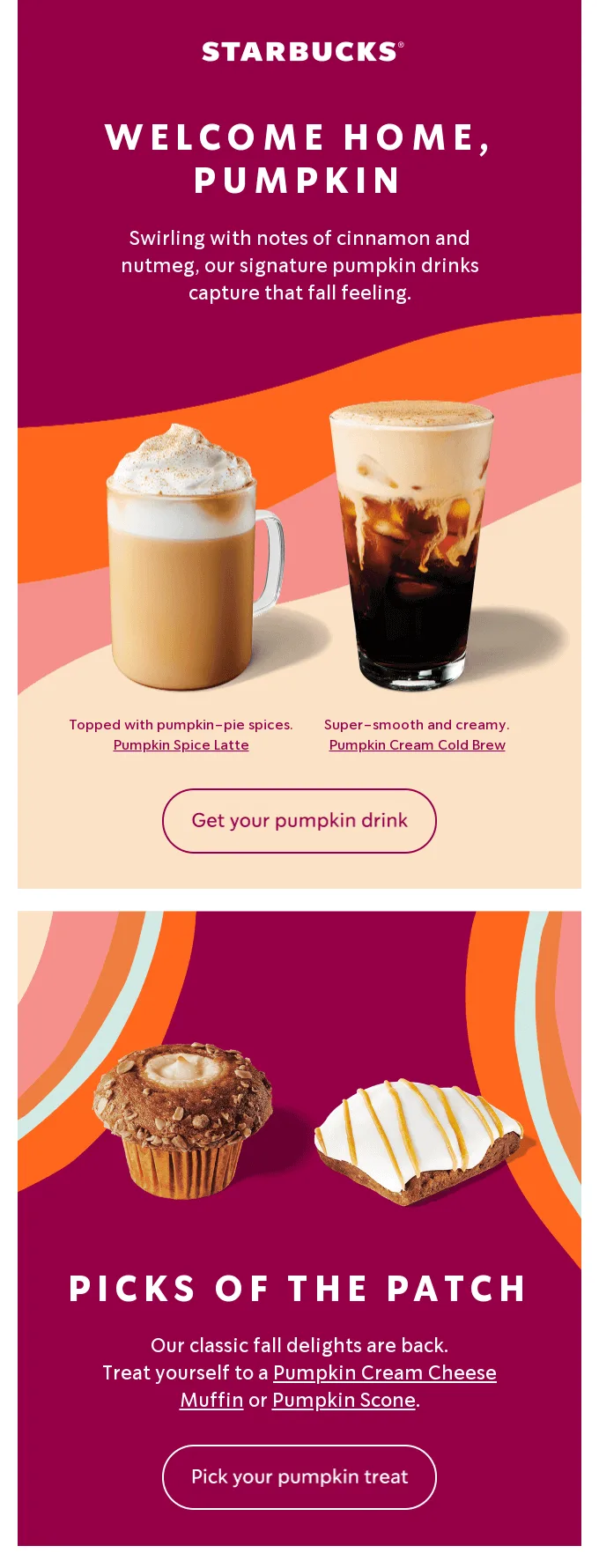 Email di Starbucks che presenta bevande e snack a tema autunnale.