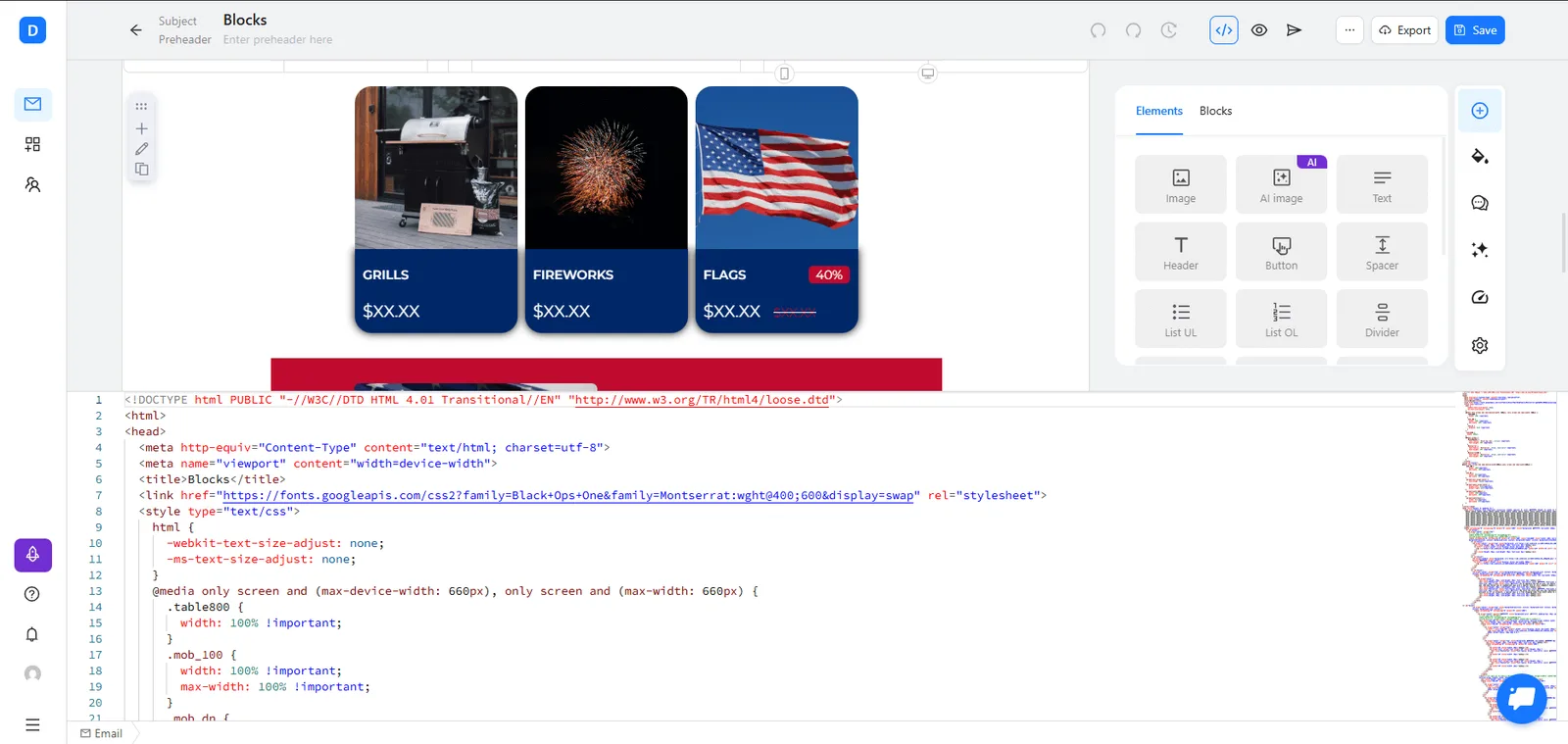 Geöffnetes Code-Panel beim Bearbeiten der E-Mail-Vorlage zum 4. Juli