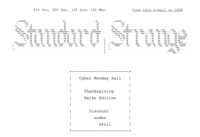 Email di Standard and Strange che usa l’ASCII art come nell’oggetto per il Cyber Monday