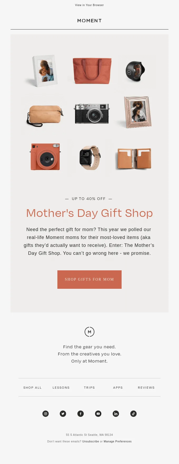 Mother's Day email with a gift guide by Moment