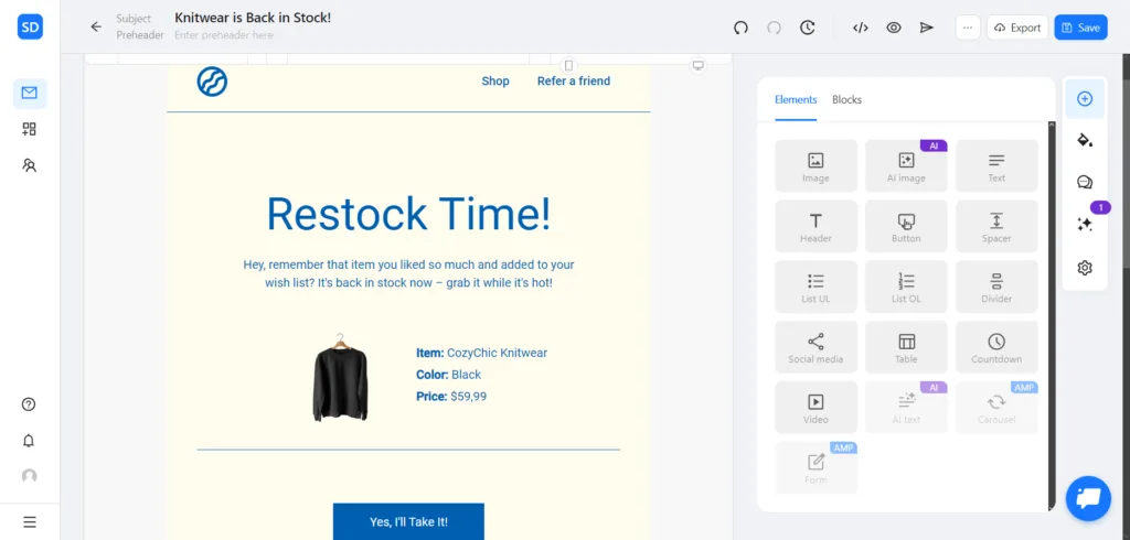 Modelo de e-mail de volta ao estoque criado no Blocks.