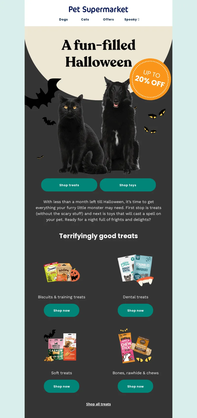 Newsletter di Halloween di Pet-Supermarket che annuncia i saldi di Halloween meno di un mese prima della festa
