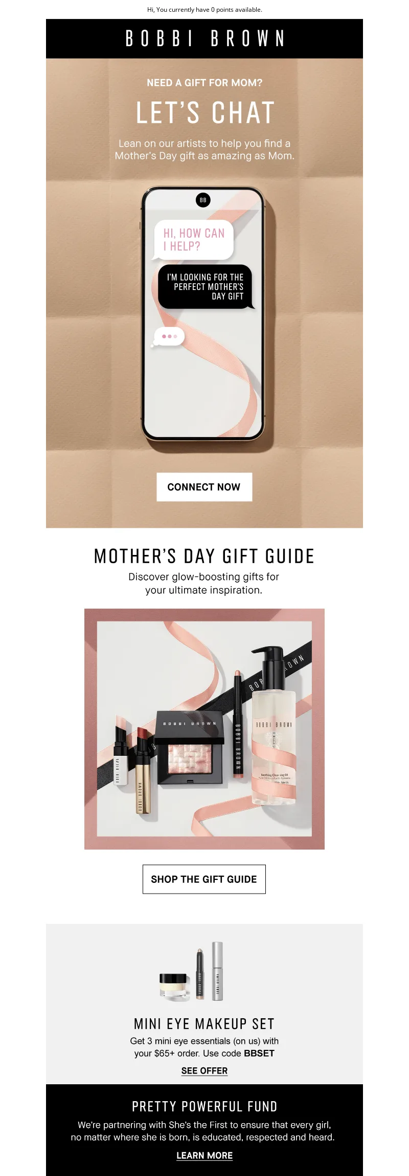Mother's Day email inviting to chat with support by Bobbi Brown