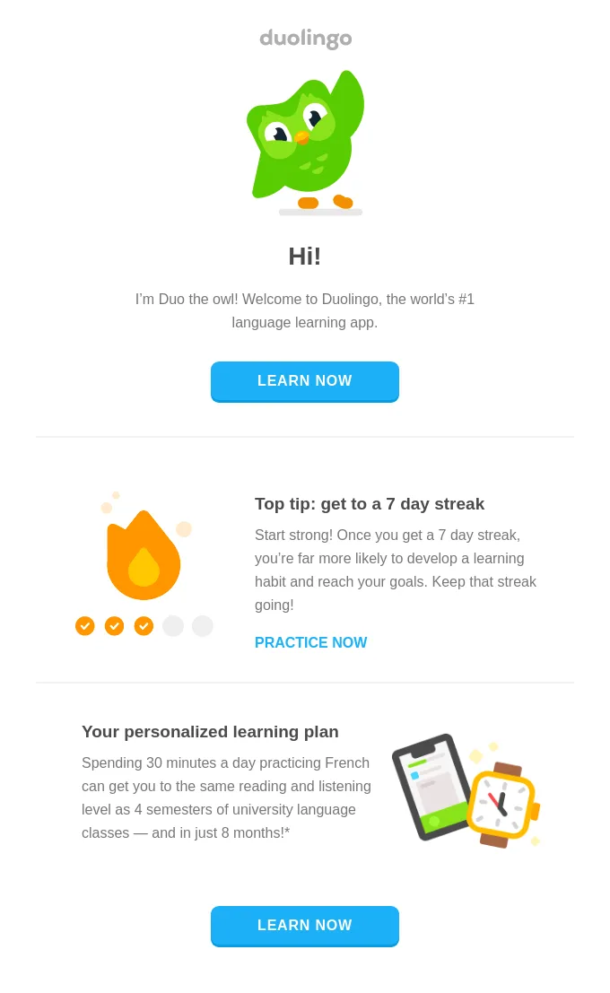 SaaS email example by Duolingo that features the mascot, starter tips, and CTAs to proceed to learning.