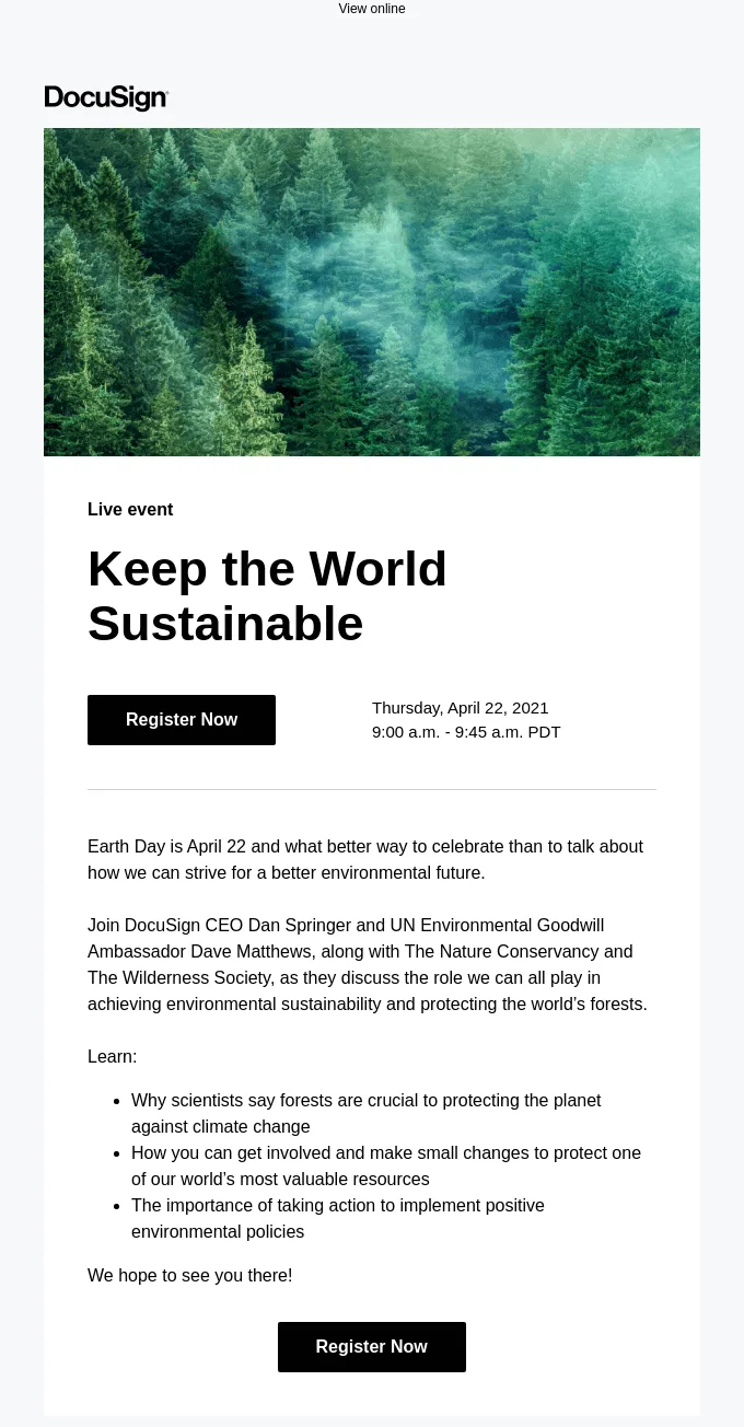 Webinar-E-Mail von DocuSign mit einer Beschreibung der kommenden Veranstaltung.