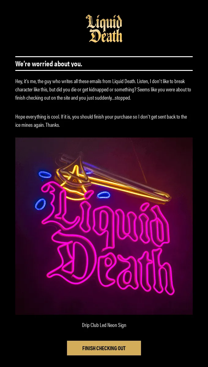 E-mail da Liquid Death com humor ácido construído em torno do tema da morte