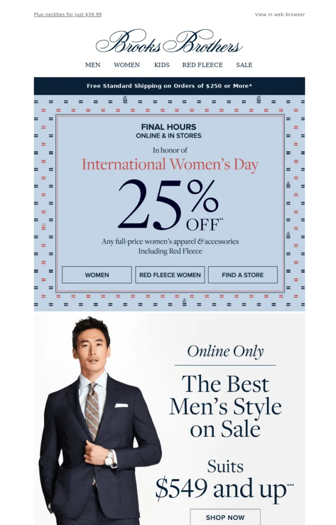 Example of irrelevant email template that has a banner with a man in a classical suit