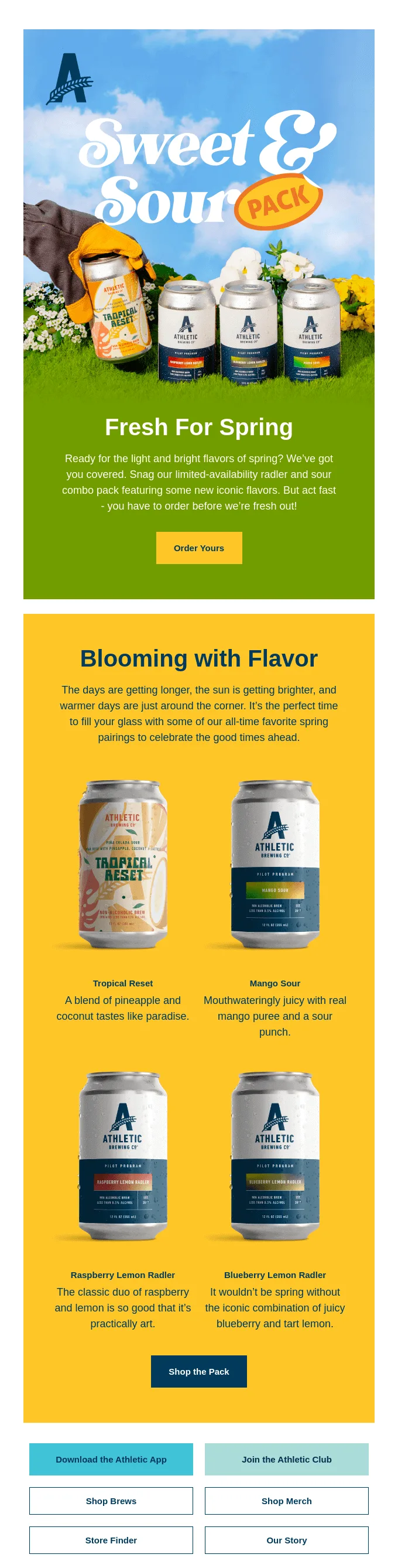 Newsletter de primavera da Athletic Brewing que mostra uma linha de bebidas com tema de primavera.