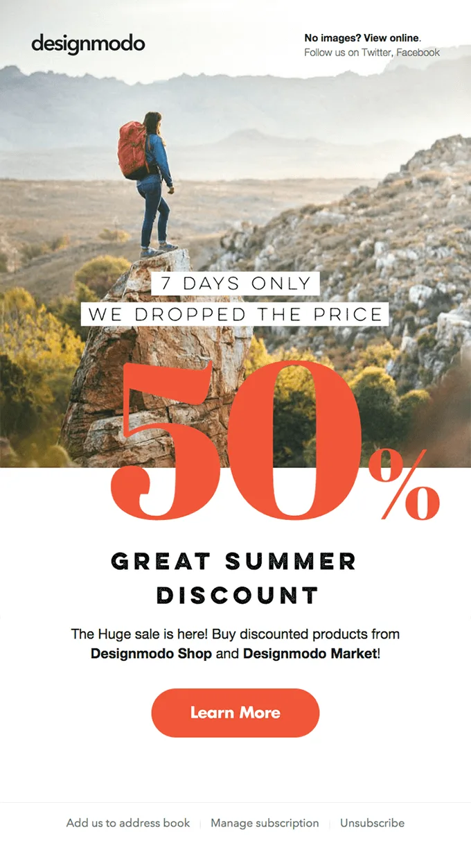Sommer-Newsletter von DesignModo, der den 7-tägigen Great Summer Discount ankündigt.