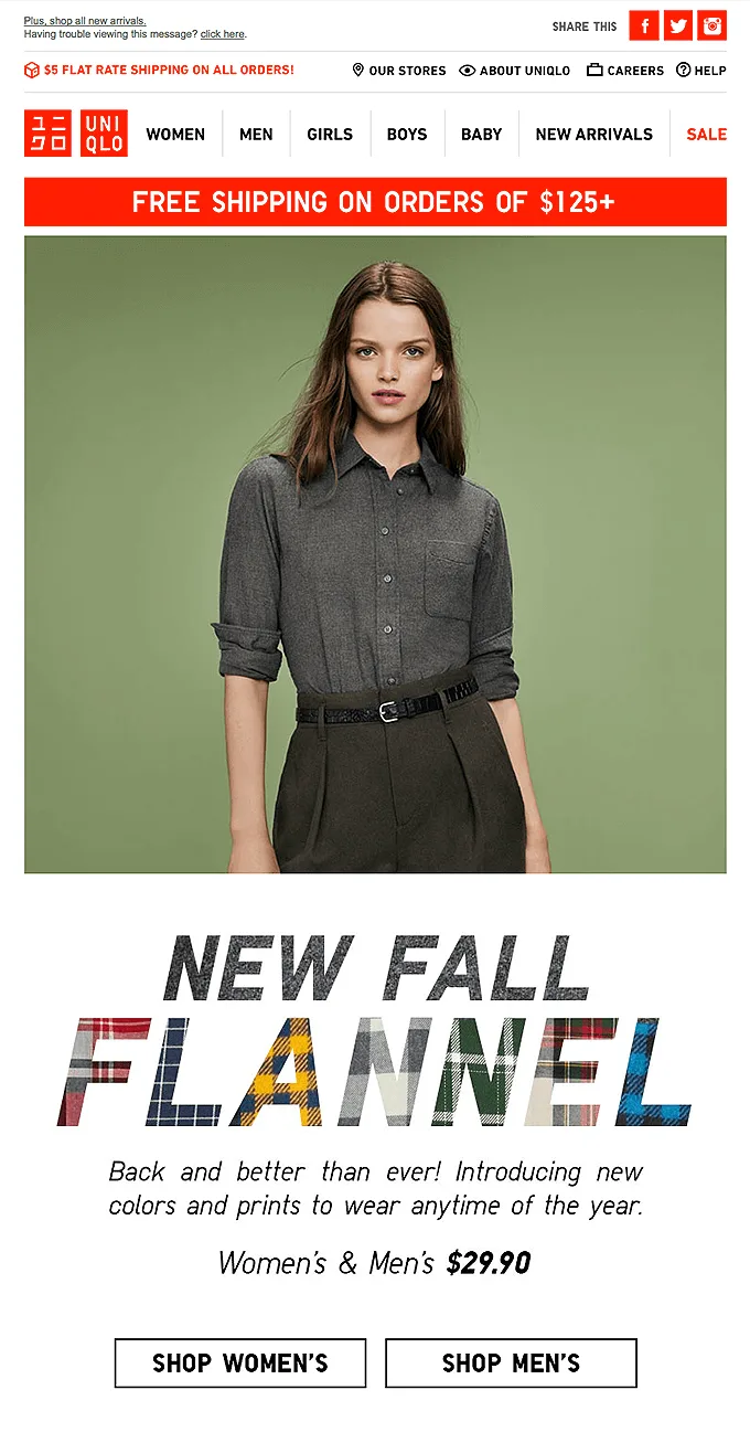 Email autunnale di Uniqlo che presenta la nuova flanella d’autunno.